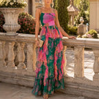 Autumn Floral Print Pleated Suspender Chiffon Midi Dress XUYUN