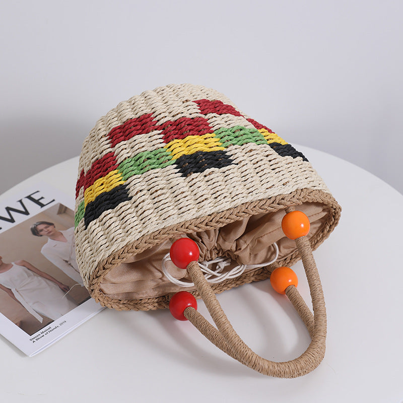 Cute Wooden Bead Portable Straw Weaved Bag Fresh Color Plaid Hand Carrying Woven Bag Fruit Picnic Basket Beach Bag EaseWoven