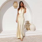 Vestido de primavera y verano para mujer, sexy, con escote halter, espalda descubierta, color liso, sin mangas