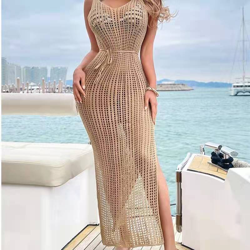 Dress Summer Sexy Split Suspender Skirt Thin Backless Knitted Dress Crochet YINHAN