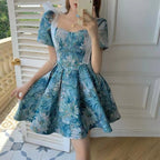 Floral Dress Women Summer French Cinched Short Dress Niche Design Sweet Puff Sleeve Dress KMERL