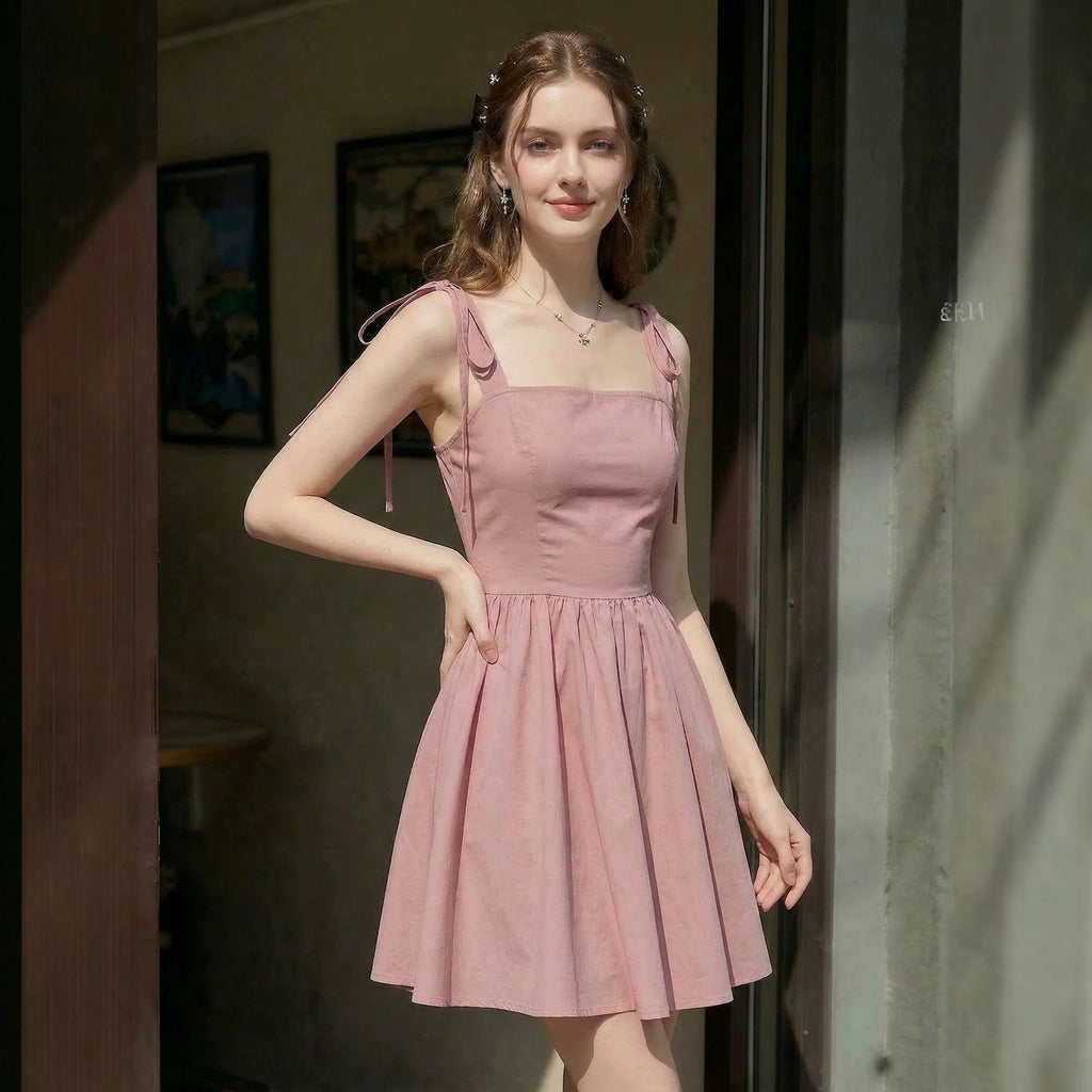 Slimming Flounce Square Collar Summer Dress French Sweet Spicy Pink Bow Bandage Sexy Sling Dress EverBillion