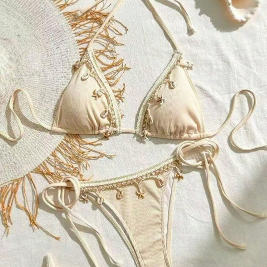 Bikini de encaje Wilhelmy Shell, bikini rosa de tres puntos, traje de baño dividido