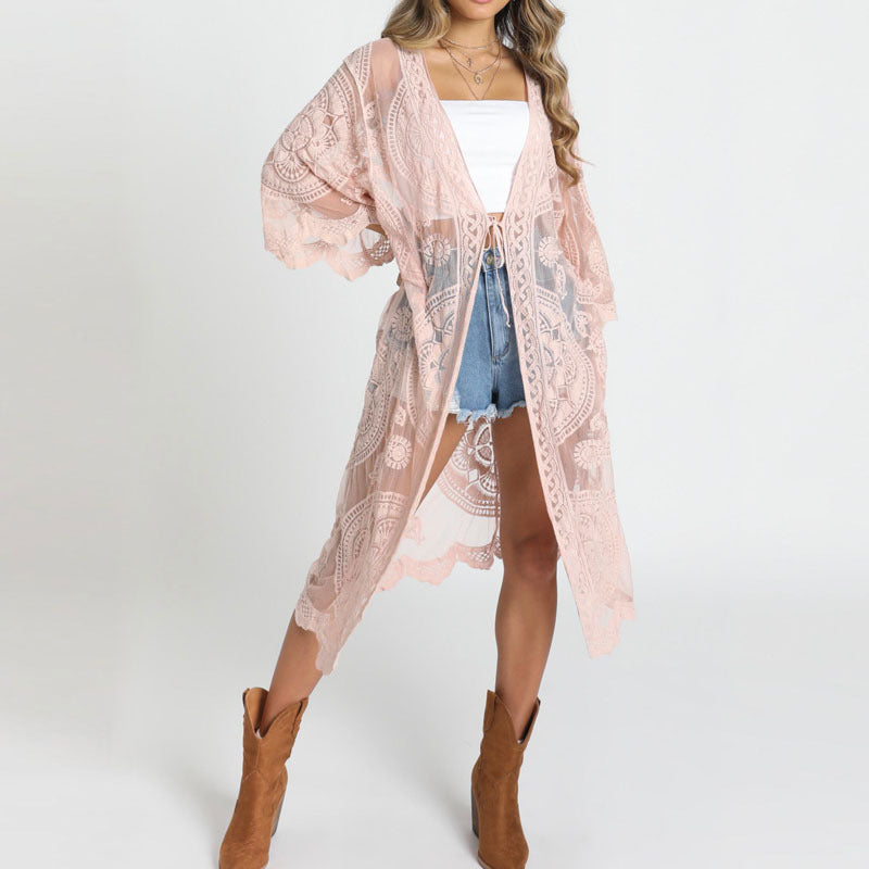 Bohemian Loose Embroidered Lace Bikini Gauzy Cardigan Beach Mid-Length Sunscreen Shirt CDBYY