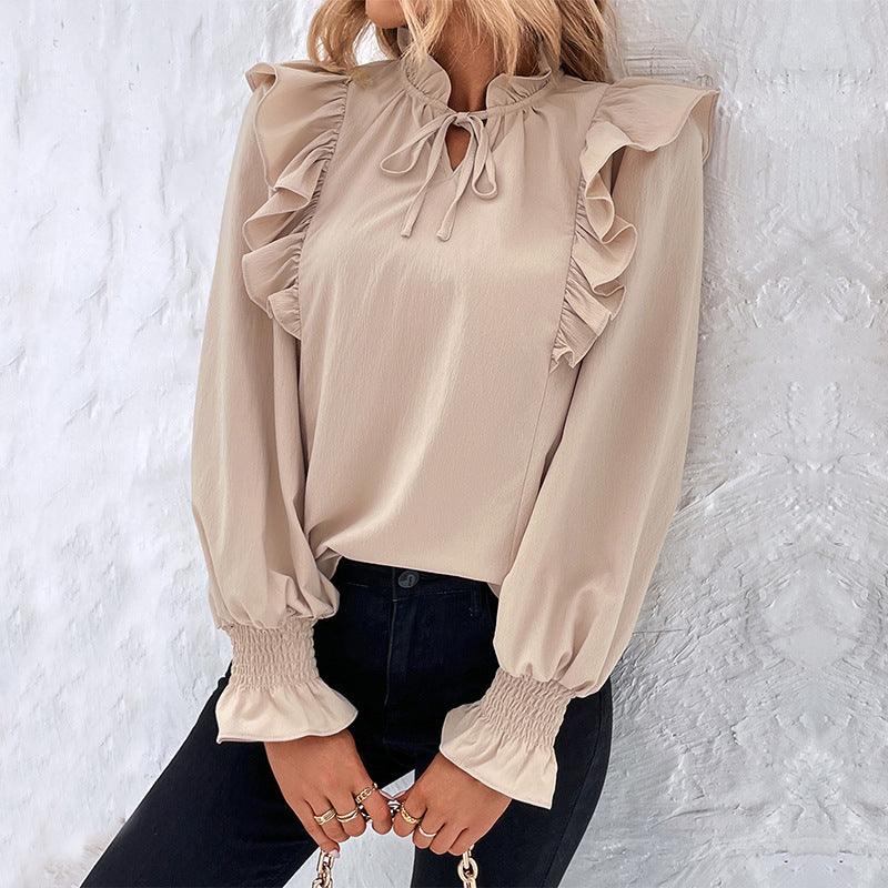 Ropa de mujer Camisa de manga larga con volantes de color liso de primavera para mujer