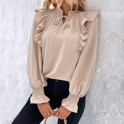 Ropa de mujer Camisa de manga larga con volantes de color liso de primavera para mujer