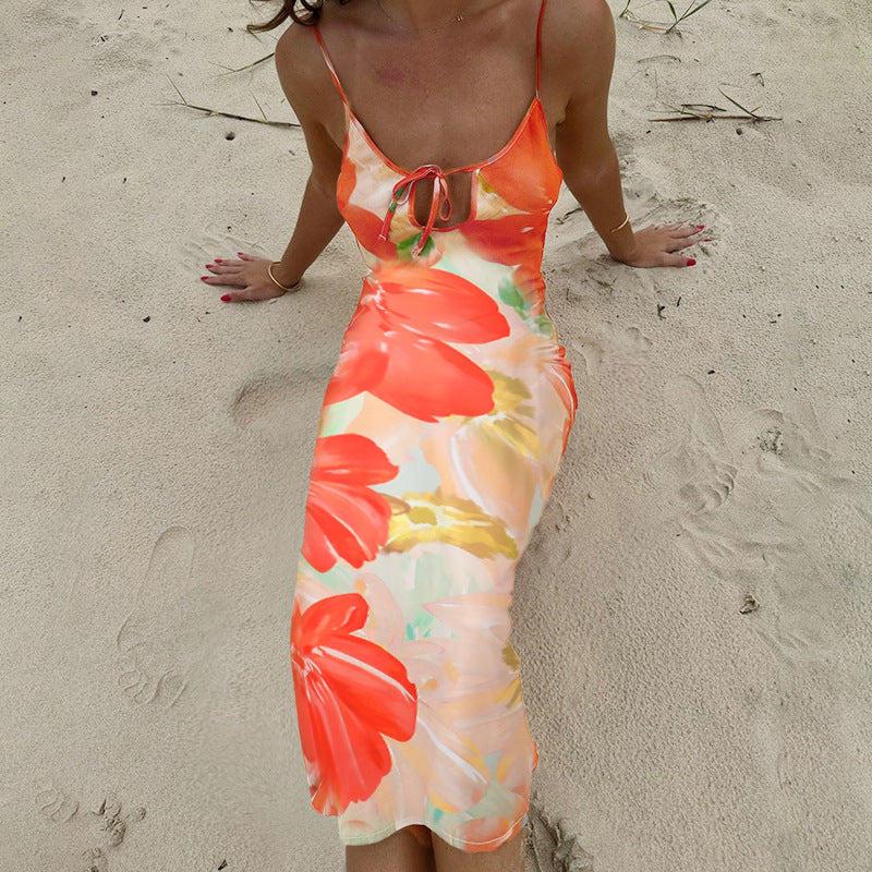 Vestido sexy de tirantes con aberturas y estampado sin espalda para mujer, vestido sexy de vacaciones