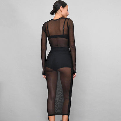 Vestido blusa larga y corta ajustable con cuello redondo y manga larga de malla plisada para mujer