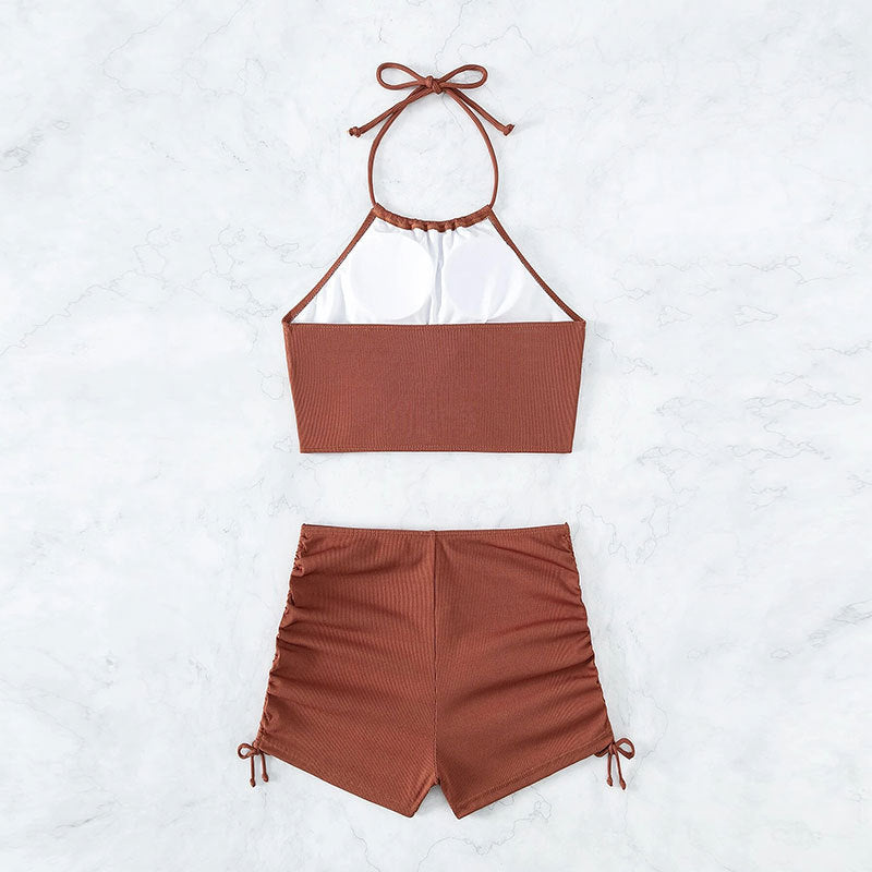 Traje de baño de dos piezas con estampado de leopardo para mujer, estilo bóxer deportivo para playa