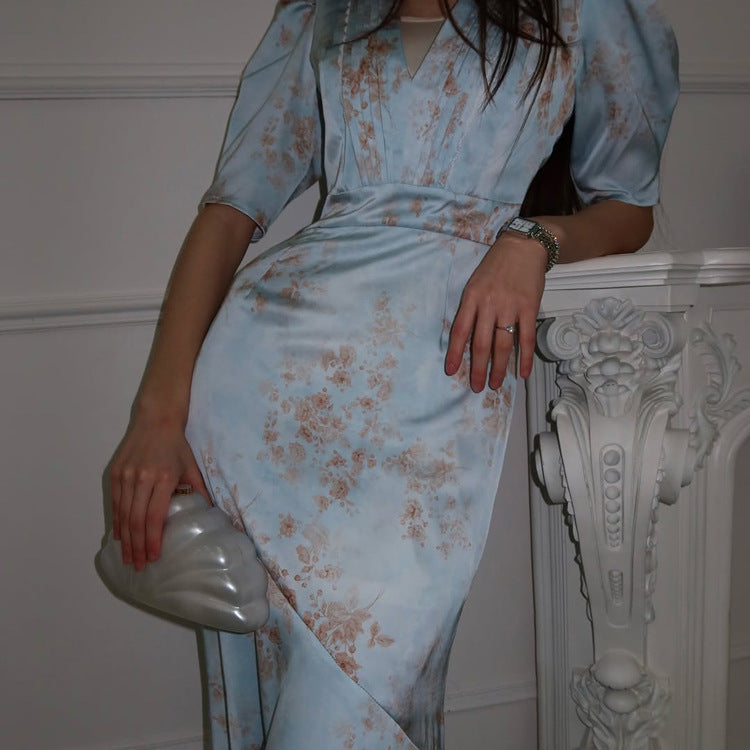 Digital Printing High Grade French Dress Women Arrival V neck Pleated Puff Sleeve High Waist Sheath Dress Kigali