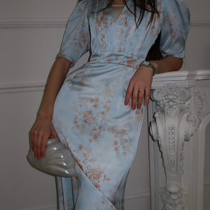 Digital Printing High Grade French Dress Women Arrival V neck Pleated Puff Sleeve High Waist Sheath Dress Kigali