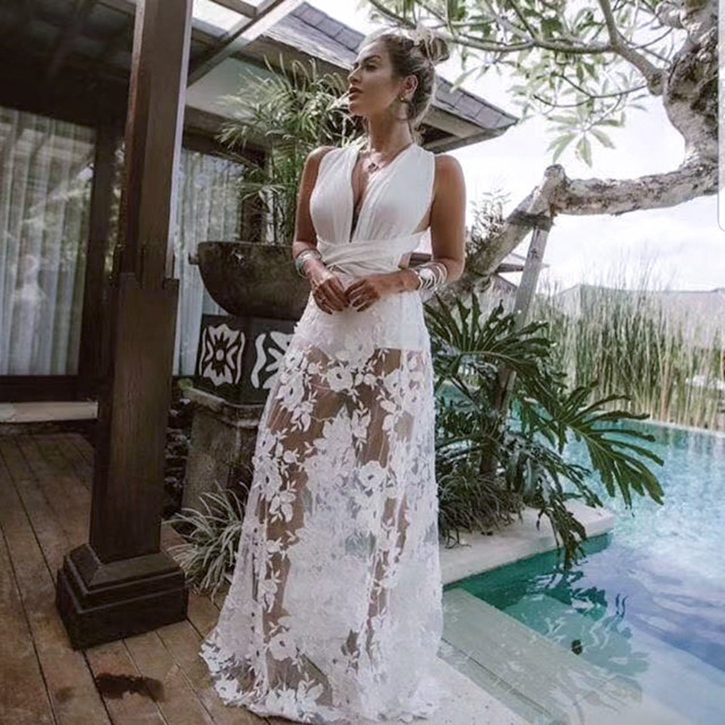 Vestido largo playero sexy de encaje con escote en la espalda y abertura para mujer para primavera y verano
