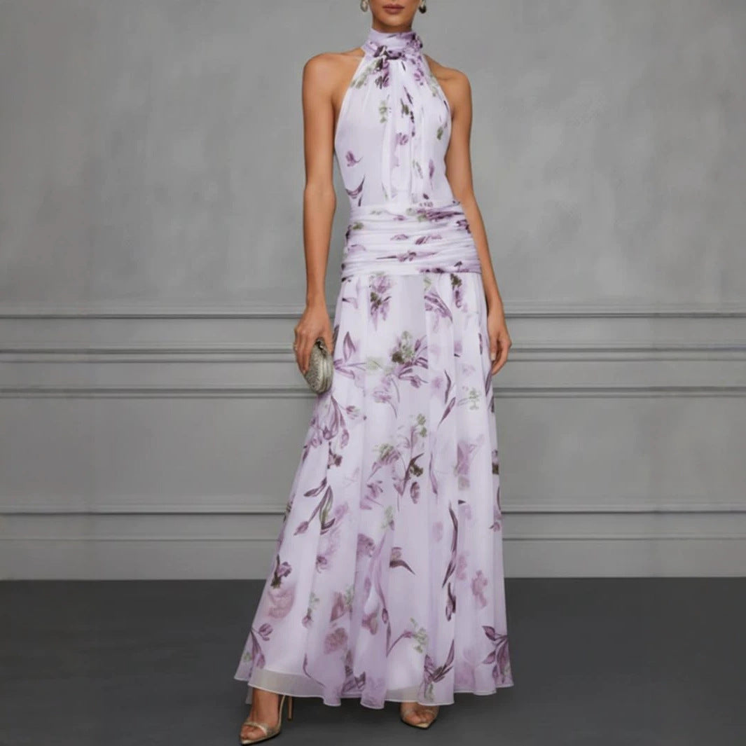 Halterneck Printed Dress Graceful Bow Lace up Waist Controlled Large Hem Maxi Dress Venly