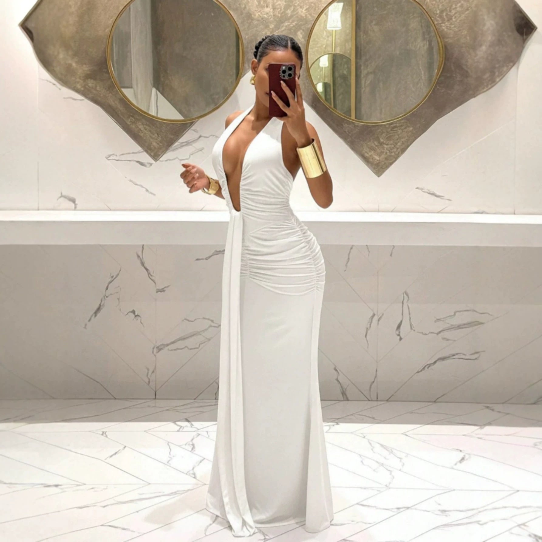 Women Halter Deep V Plunge Pleated Slim Fit Mopping Dress Slimming Sheath Fishtail Dress YUni