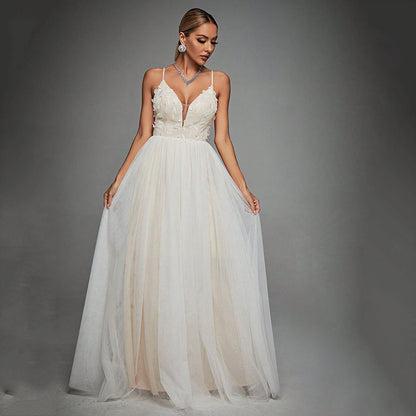 Evening Dress Sexy Hollow Out Cutout out Backless Deep V Plunge Lace Stitching Long Sleeve Dress