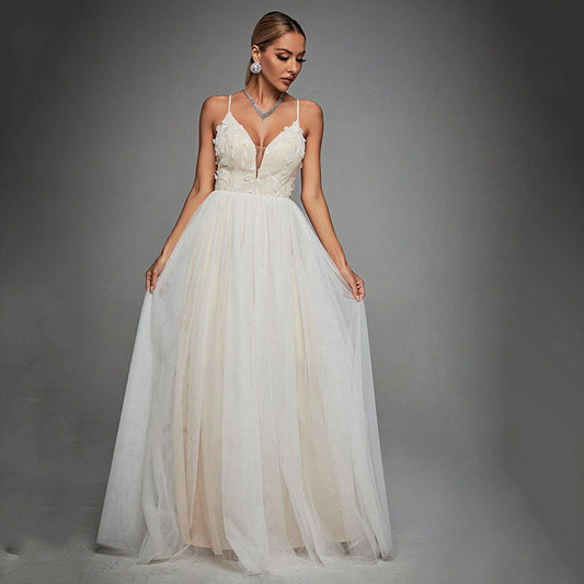 Evening Dress Sexy Hollow Out Cutout out Backless Deep V Plunge Lace Stitching Long Sleeve Dress