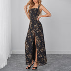 Summer Mesh Halter Tied Dress Dignified Goddess Tight Waist Slim Tall Looking Split Printed Dress SUNSHINE