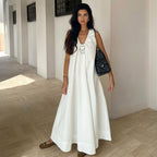 Sleeveless Dress Summer Pure Cotton Vacation Casual U Neck Loose Maxi Dress BlueLine