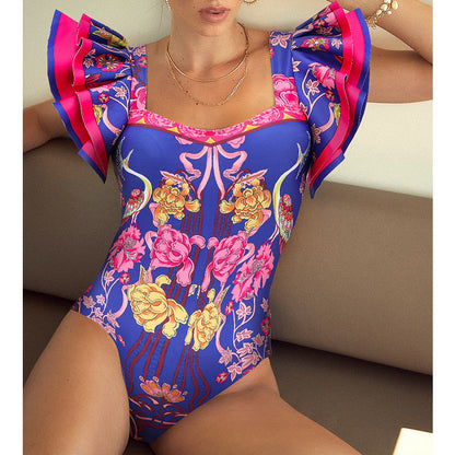 One Piece Women Swimwear European French Retro Cover Belly Slimming Swimsuit Holiday Beach Dress
