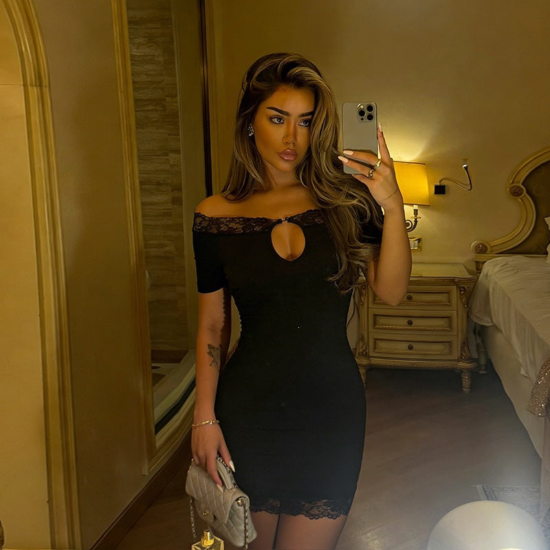 Socialite Sexy off Shoulder Stitching Lace Slim Short Dress WHATOWEAR