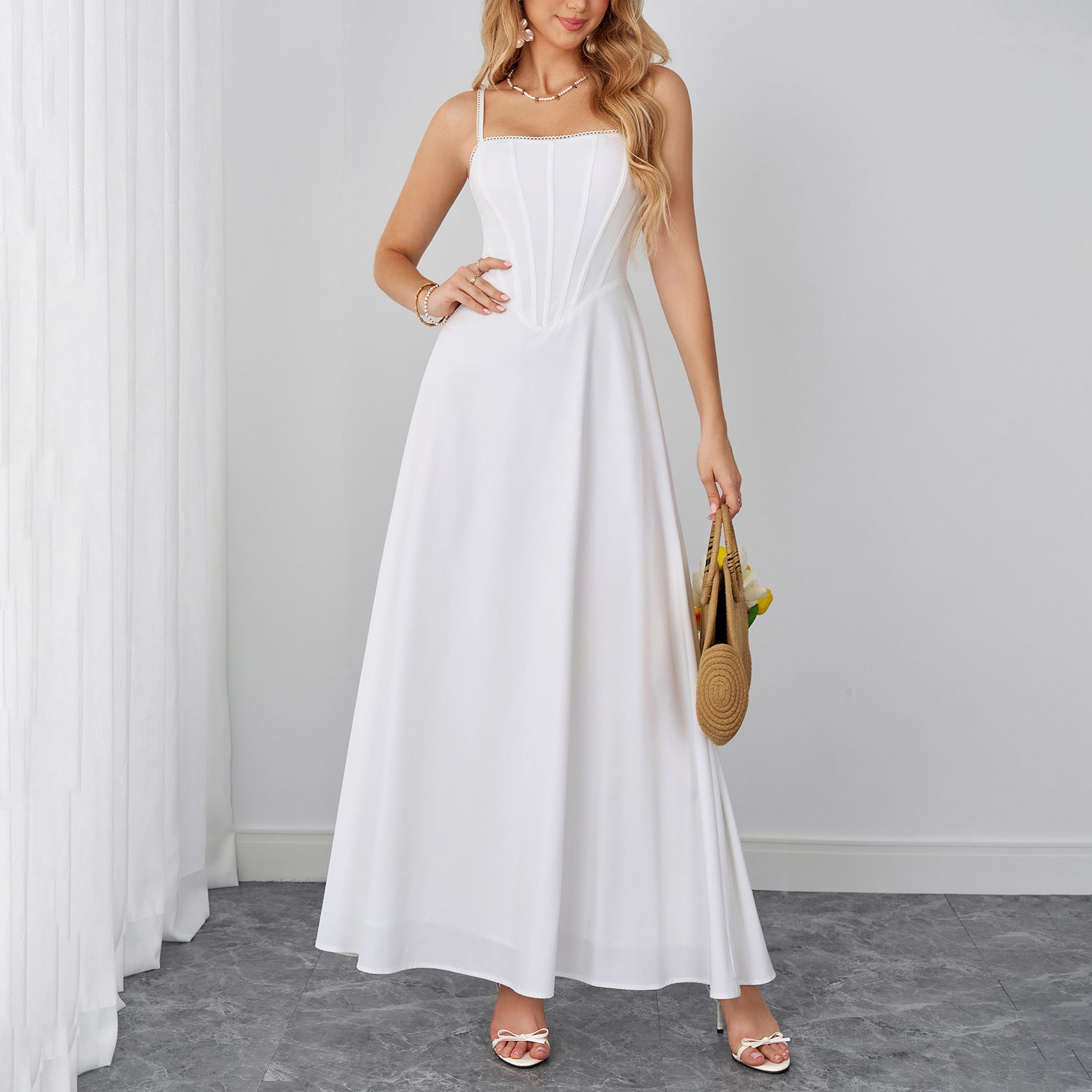 Summer Cami Dress Sexy Backless Lace up Waist Slimming Boning Corset Maxi Dress SUNSHINE