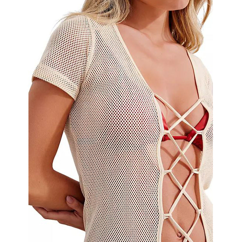 Summer Beach Dress Women Solid Color Sexy Hollow Out Cutout Beach Bikini Swimsuit Cover up Sun Protection Clothing Mangar
