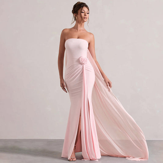 Women Clothing Summer Elegant Solid Color Tube Top Hip Wrapped Trailing Dress Women