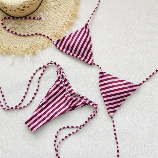 Women Three Point Striped Printed Lace up Sexy Backless Low Waist Bikini Split Swimsuit Bikini Thunder