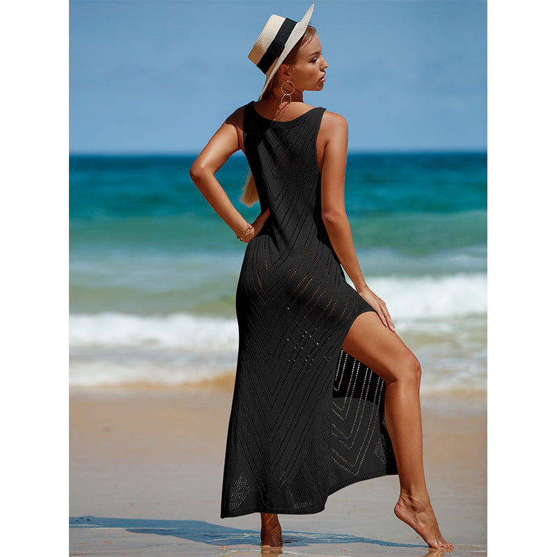 Travel Vacation Sexy Backless V neck Solid Color Breathable Knitted Maxi Dress Beach Sun Protection Blouse Crochet hook Tidee