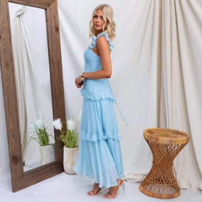 Summer Women Clothing Solid Color Elegant Graceful Ruffled Dress