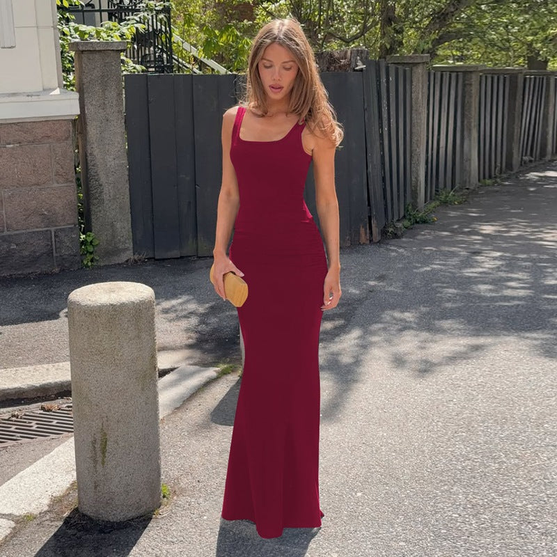 Women Summer Solid Color Low Cut Square Collar Slimming Slimming Dress Flash Vision