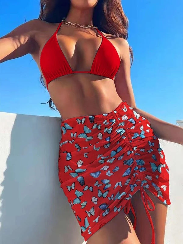Women Butterfly Print Split Gauze Skirt Bikini Gathered Three Piece Swimsuit