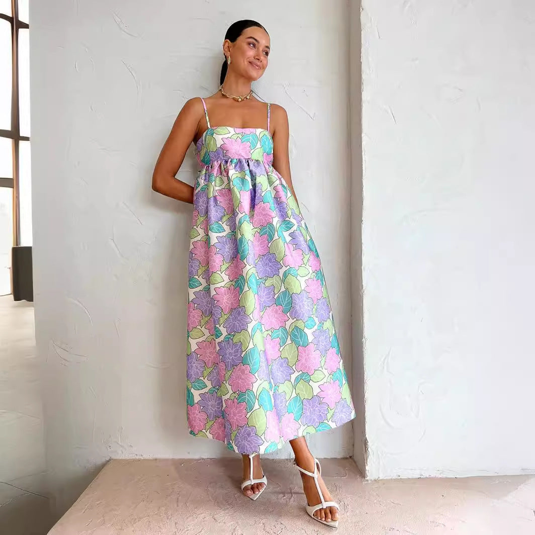 Casual Elegant Printed Sling Loose Sleeveless Backless Large Swing Dress Gemi