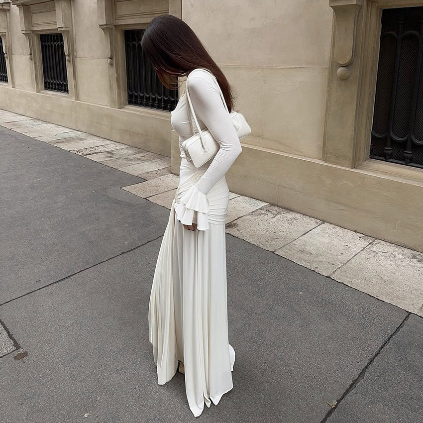Robe longue élégante pour femme, coupe ajustée, style printanier, ornée de dentelle sexy.