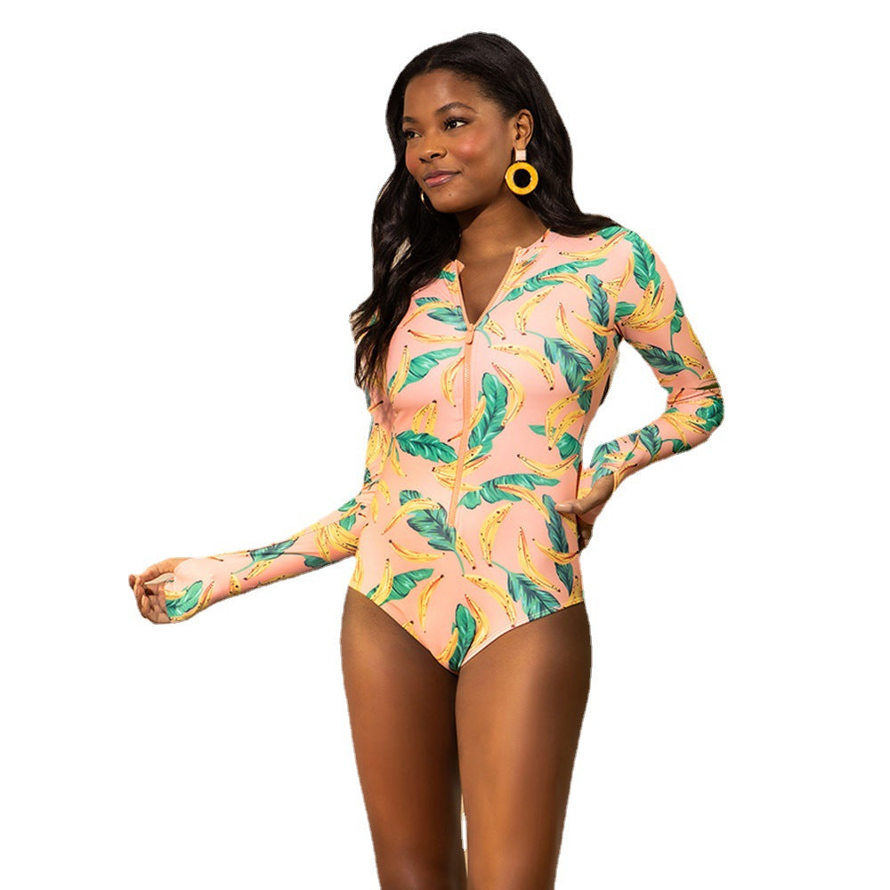 Traje de baño para mujer con cremallera y estampado multicolor de manga larga para surfear, sexy y conservador.