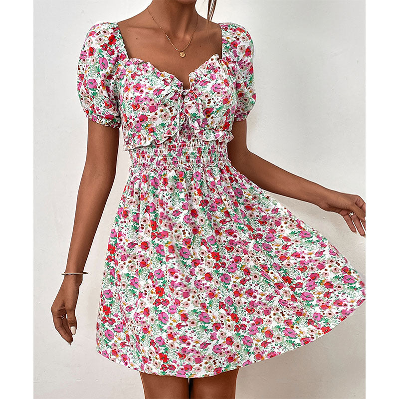 Summer Floral Waist Puff Sleeve Stitching Dress Jeme