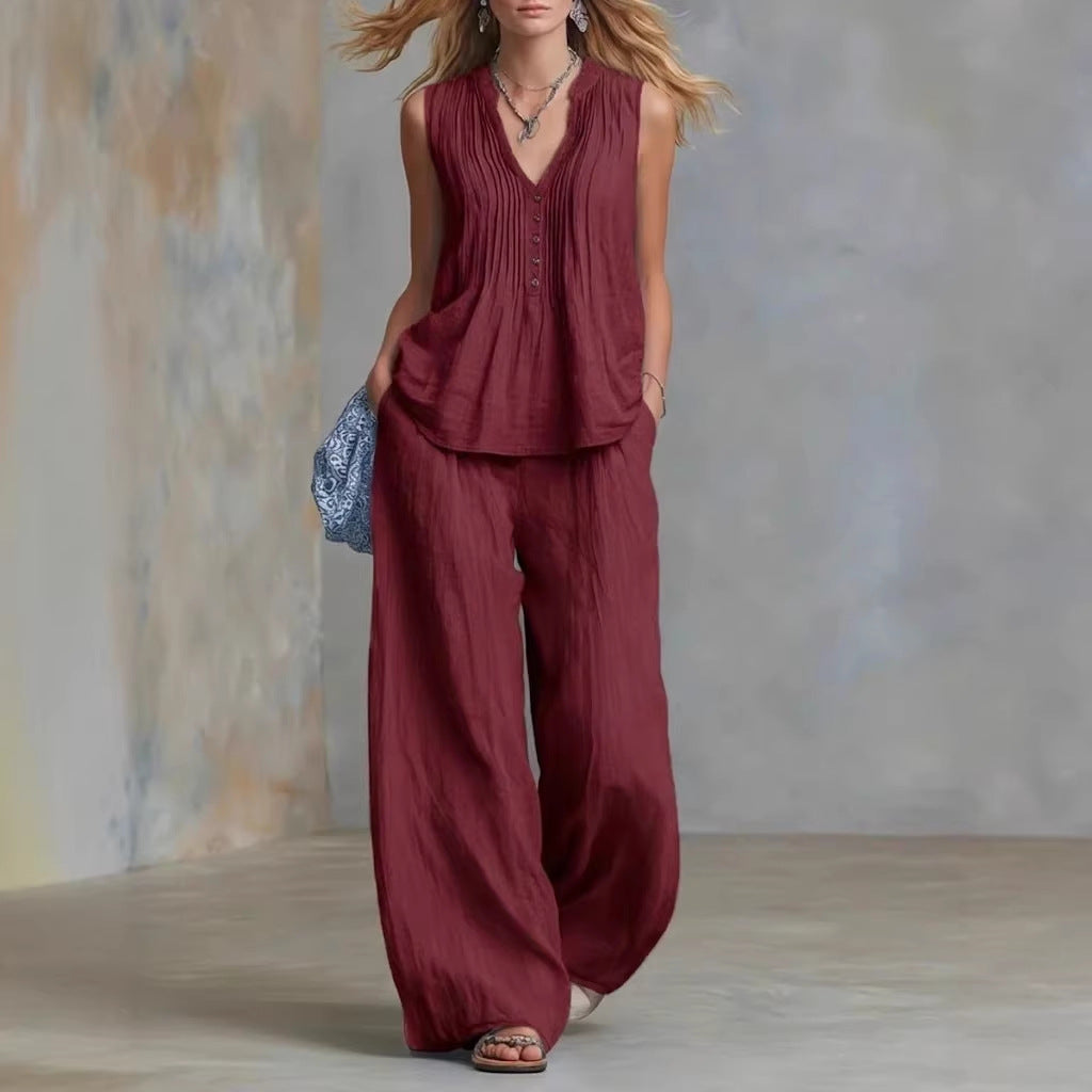 Women Clothing Summer Casual Stylish Solid Color Sleeveless V neck Set NICE