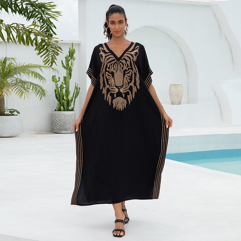 Rayon Embroidered Holiday Loose Dress Women Vacation Beach Blouse Long Robe Bikini Cover up EvenStar