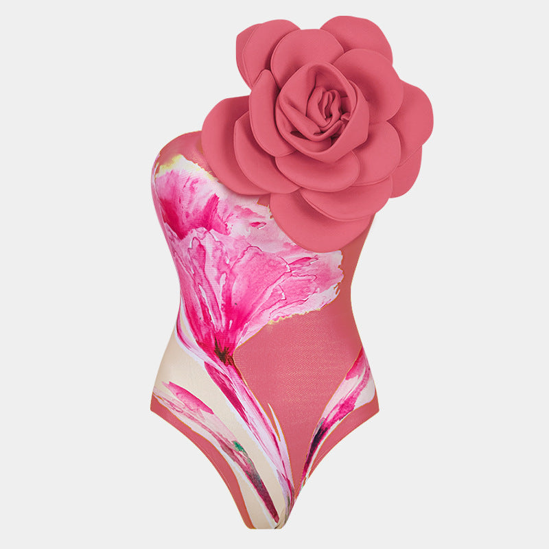 Traje de baño de una pieza para mujer, ajustado, adelgazante, con estampado floral grande y burbujas, traje de baño de gasa.