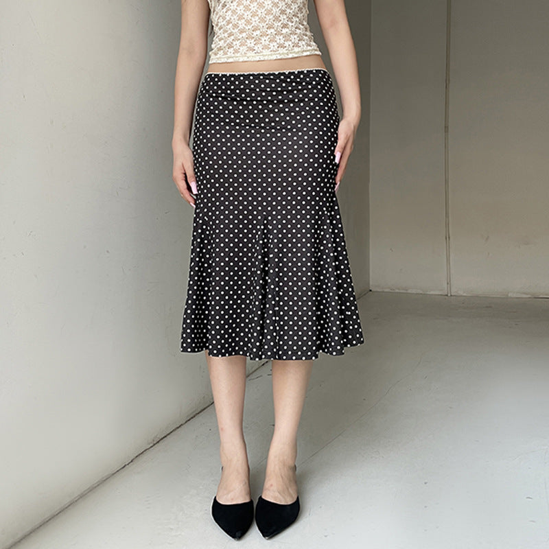 Summer French Mid Length Printed Polka Dot Skirt Retro Hip Wrapped Fishtail Skirt LingSharp