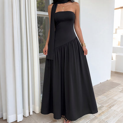 Minimalist Affordable Luxury Black Tube Top Stitching Big Swing Dress HUNDRED