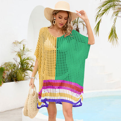 Summer Women Patchwork Cutout out Beach Dress Loose Beach Cover Up Women