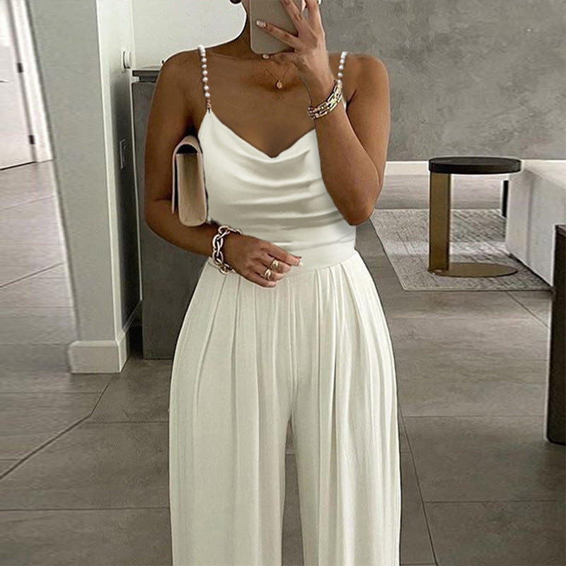 Pearl Suspender Wide Leg Sleeveless V-neck Backless Trousers Jumpsuit FLYSMART
