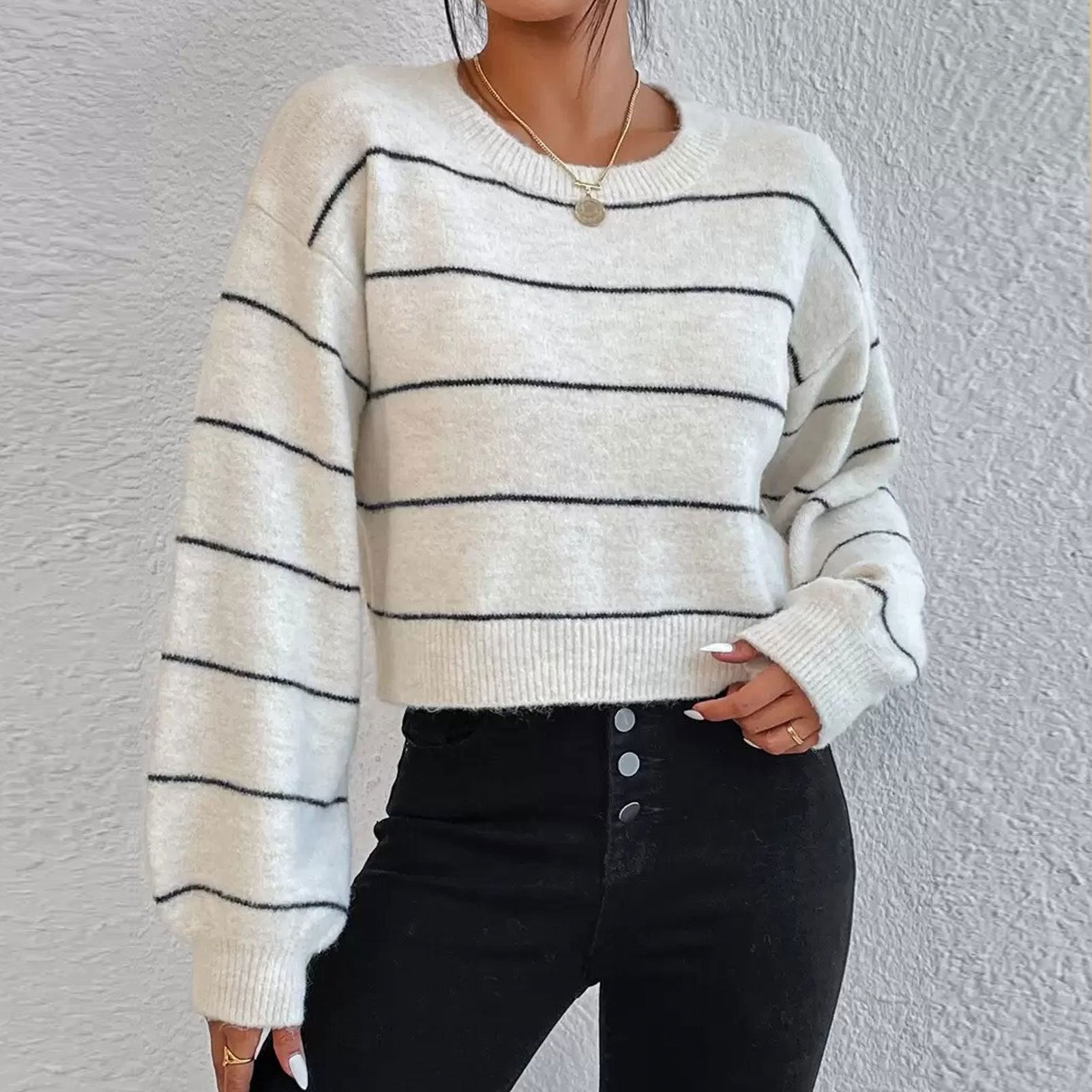 Women Clothing Alpaca Fleece Fiber Soft Glutinous Sweater Striped Lazy Casual Pullover Knitwear Top Women Owen