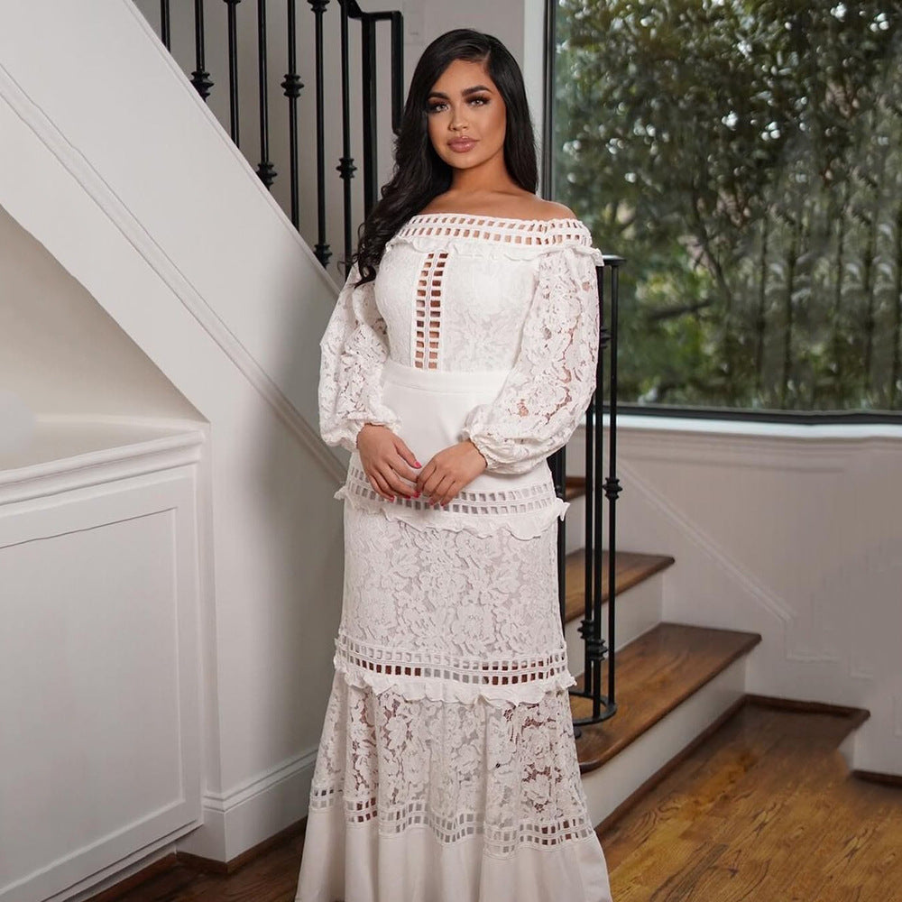 Spring Summer Women Clothing Lace Dress off Shoulder Lotus Leaf Wedding Party Cocktail Dress SCC
