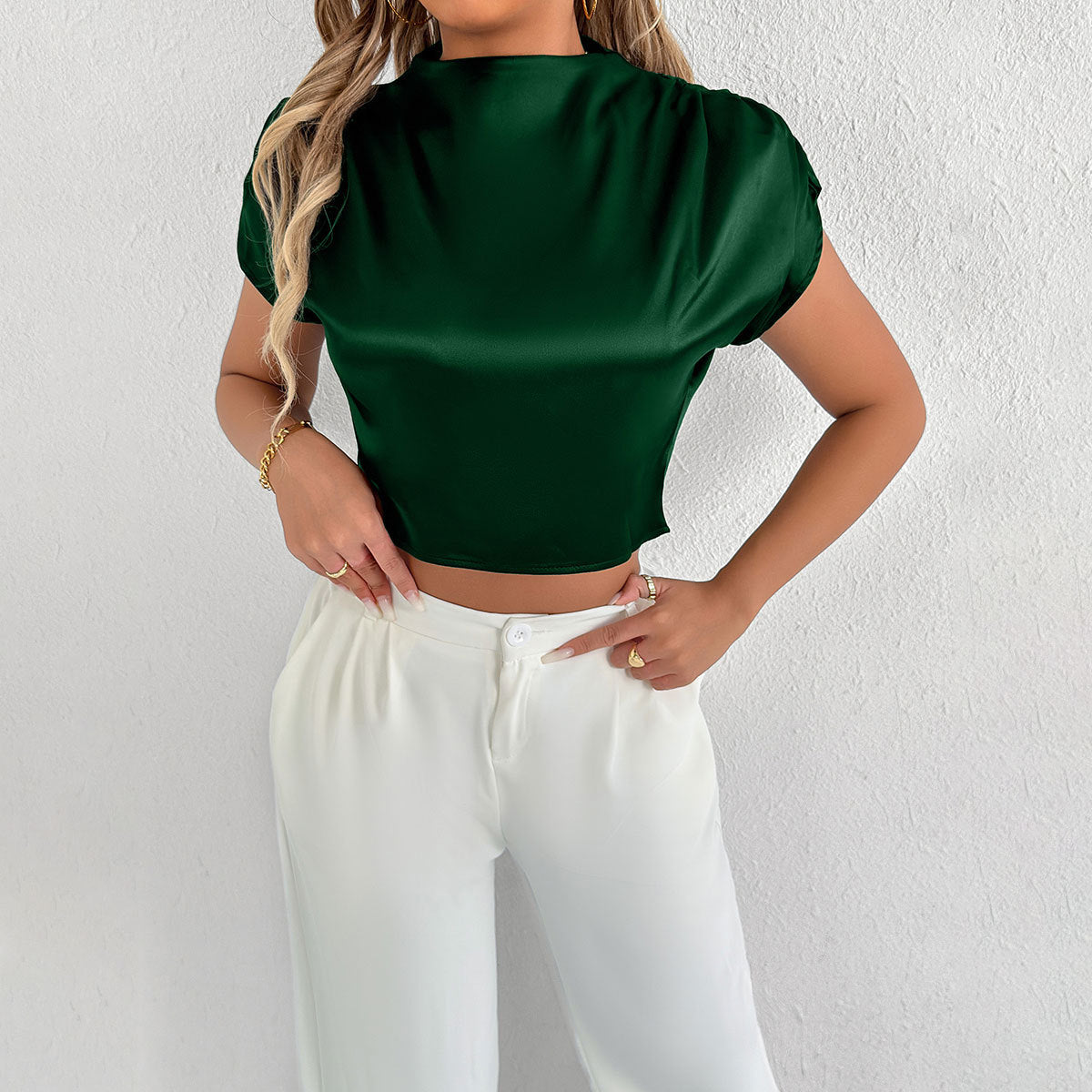 Real Shot Women Clothing High Sense Summer Satin Shirt Satin Shirt Short Sleeve Shirt