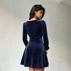 Swing Collar Velvet Dress Women Sequined Design Waist Tight Slimming Puff Sleeve A line Dress Yiskiss
