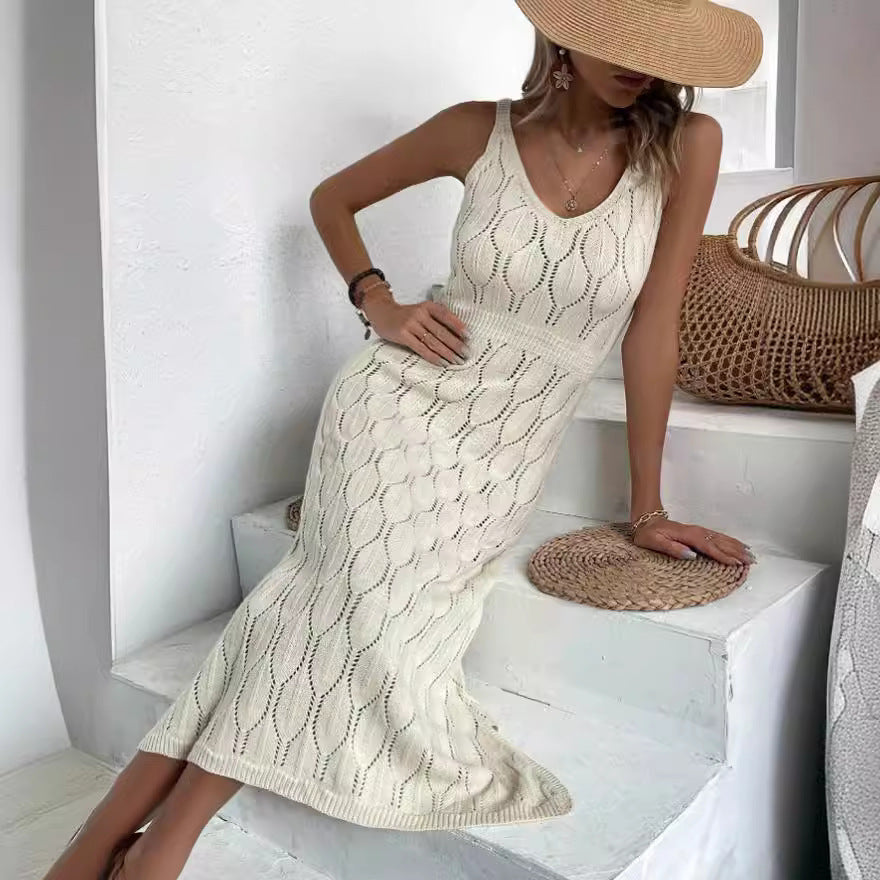 Spring Summer Sexy Hollow Out Cutout out See through Vacation Solid Color Backless Knitted Dress for Women MINODI