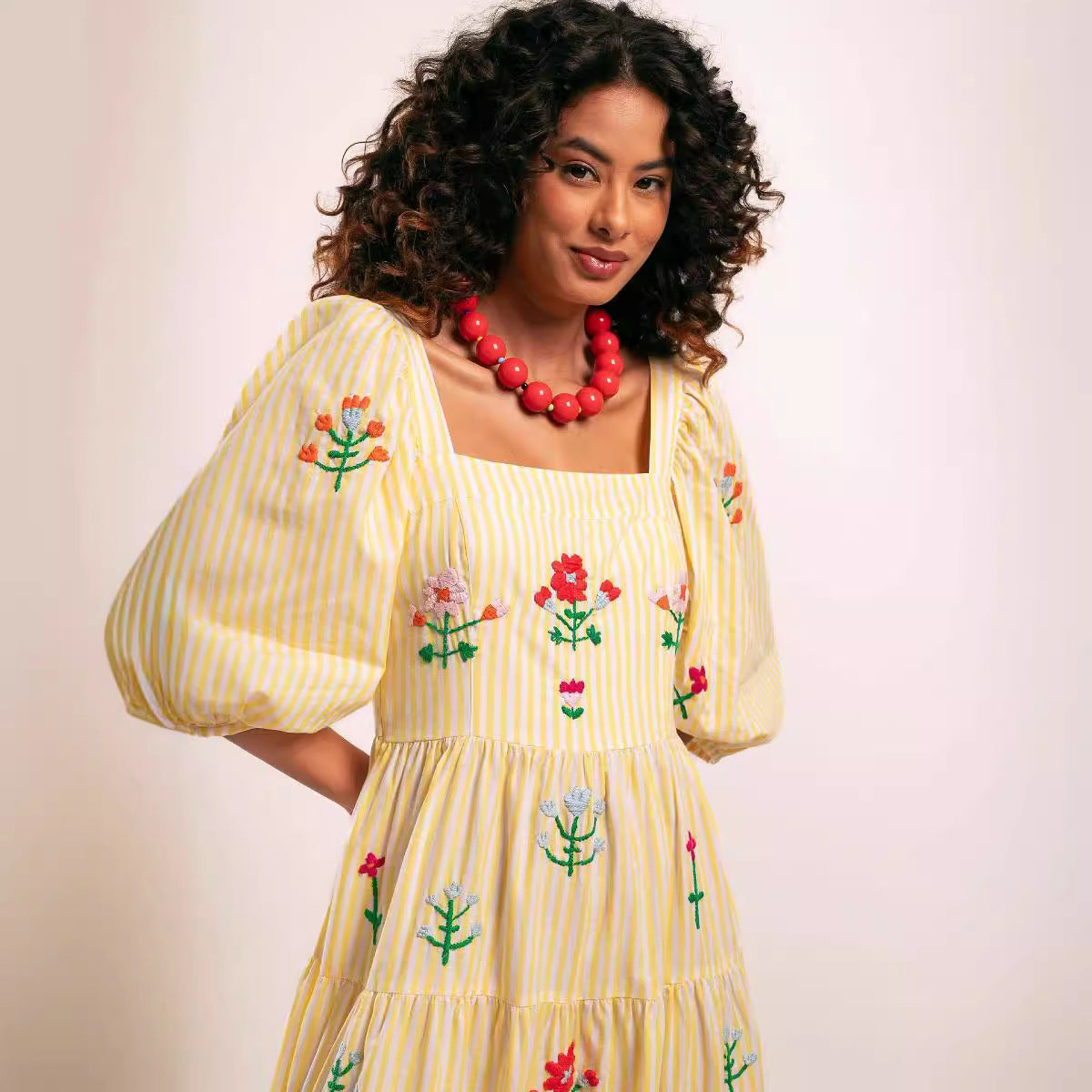 Autumn Puff Sleeve Embroidered Square Collar Swing Maxi Dress Beach Holiday Dress Women Enmu
