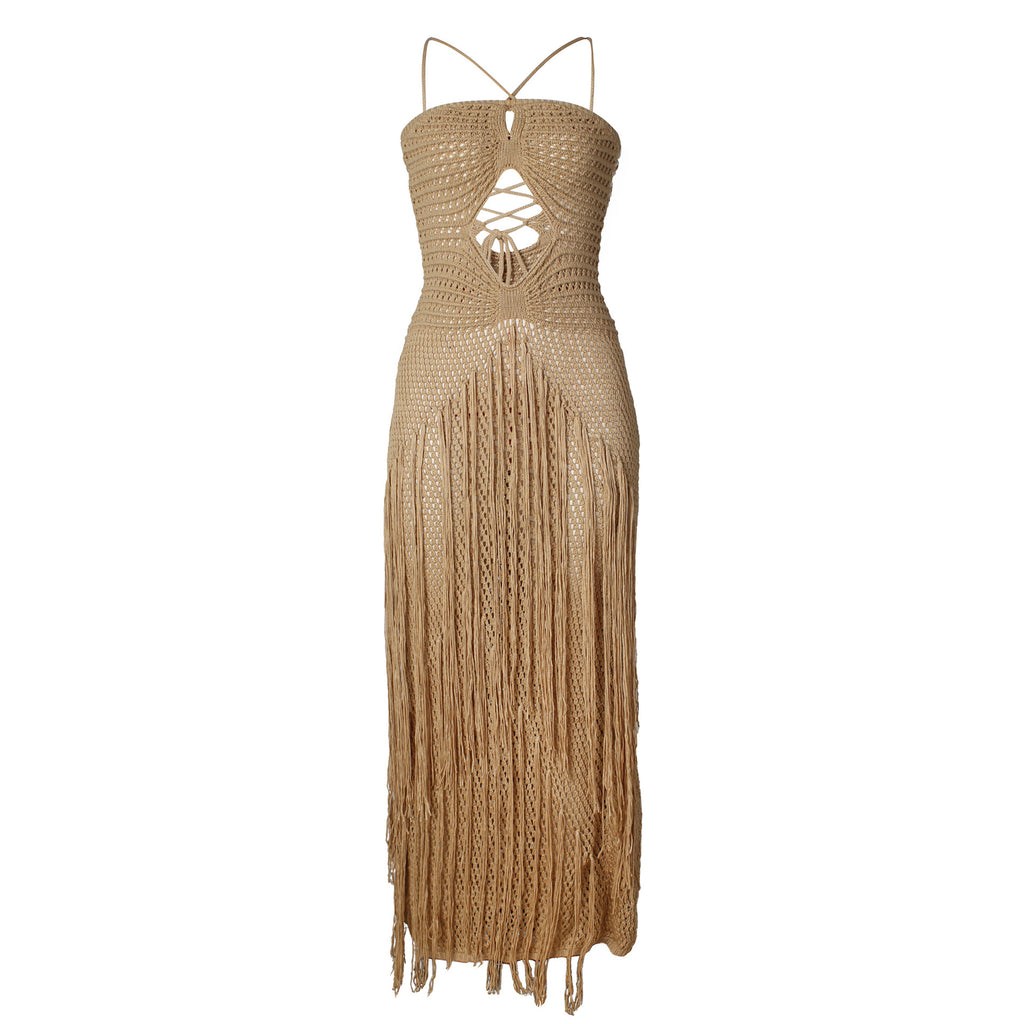 Hollow Out Cutout Bikini Cover Sexy Waist Drawstring Tassel Knitted Beach Dress for Women MSTYLE